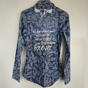 BLANKNYC Top Womens X-Small Blue‎ Chambray Paisley Print Snap Button Collar.E118